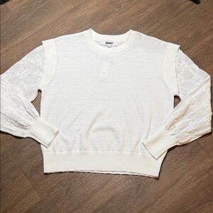 DKNY Cream Crew Neck Sweater with Lace Sleeves